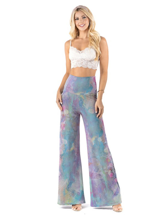 High Waist Palazzo Pants with Multi Blue Watercolor Print
