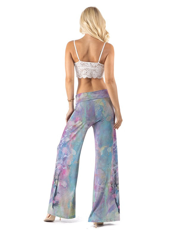 High Waist Palazzo Pants with Multi Blue Watercolor Print