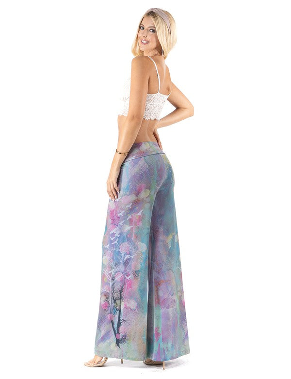 High Waist Palazzo Pants with Multi Blue Watercolor Print