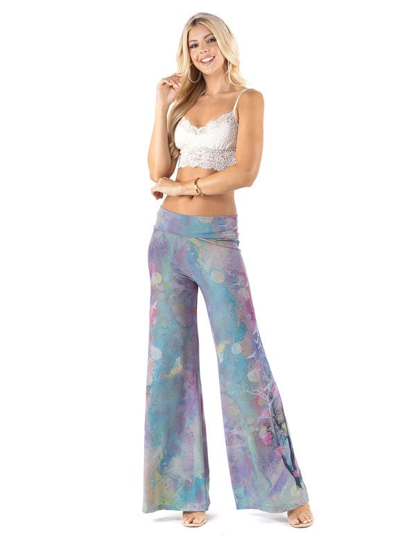 High Waist Palazzo Pants with Multi Blue Watercolor Print