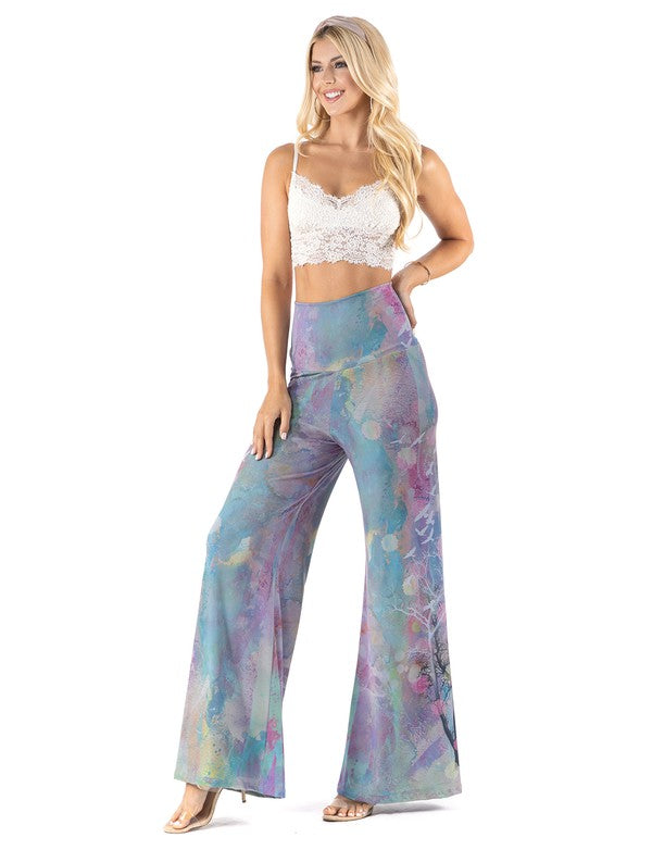 High Waist Palazzo Pants with Multi Blue Watercolor Print