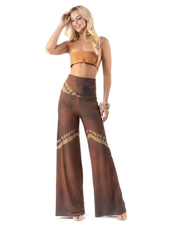 Deer Scenery Print High Waist Palazzo Pants