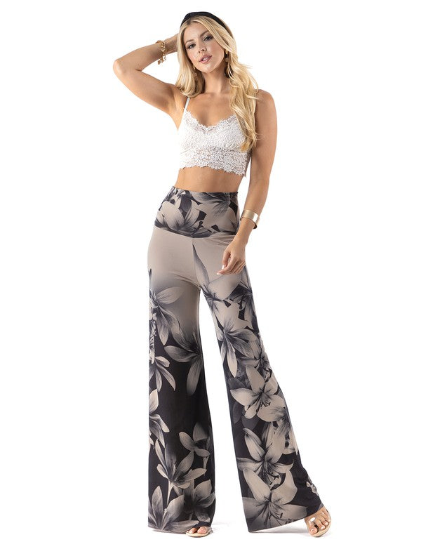 High Waist Palazzo Pants with Dark Lily Print