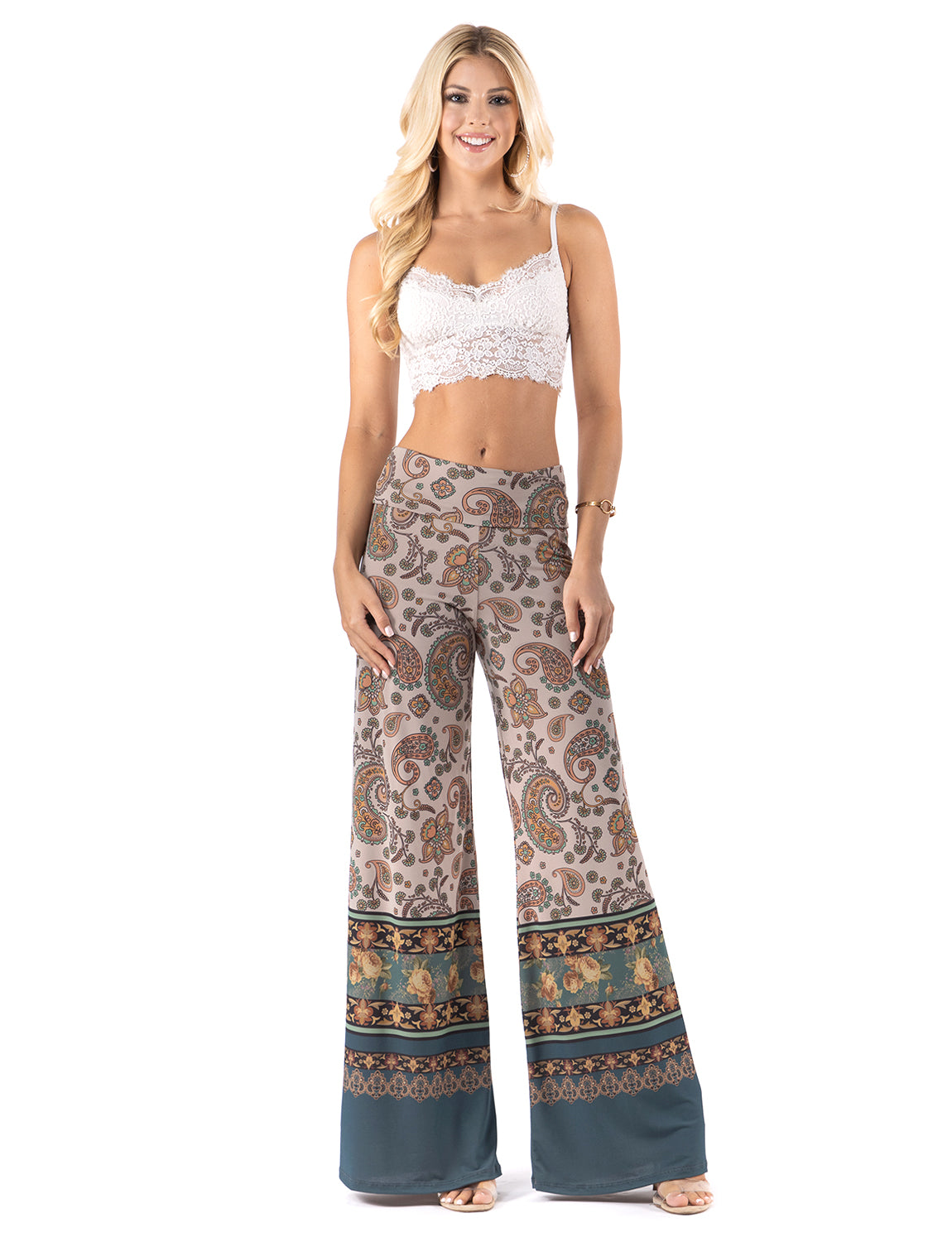 Tan & Floral Paisley High Waist Palazzo Pants