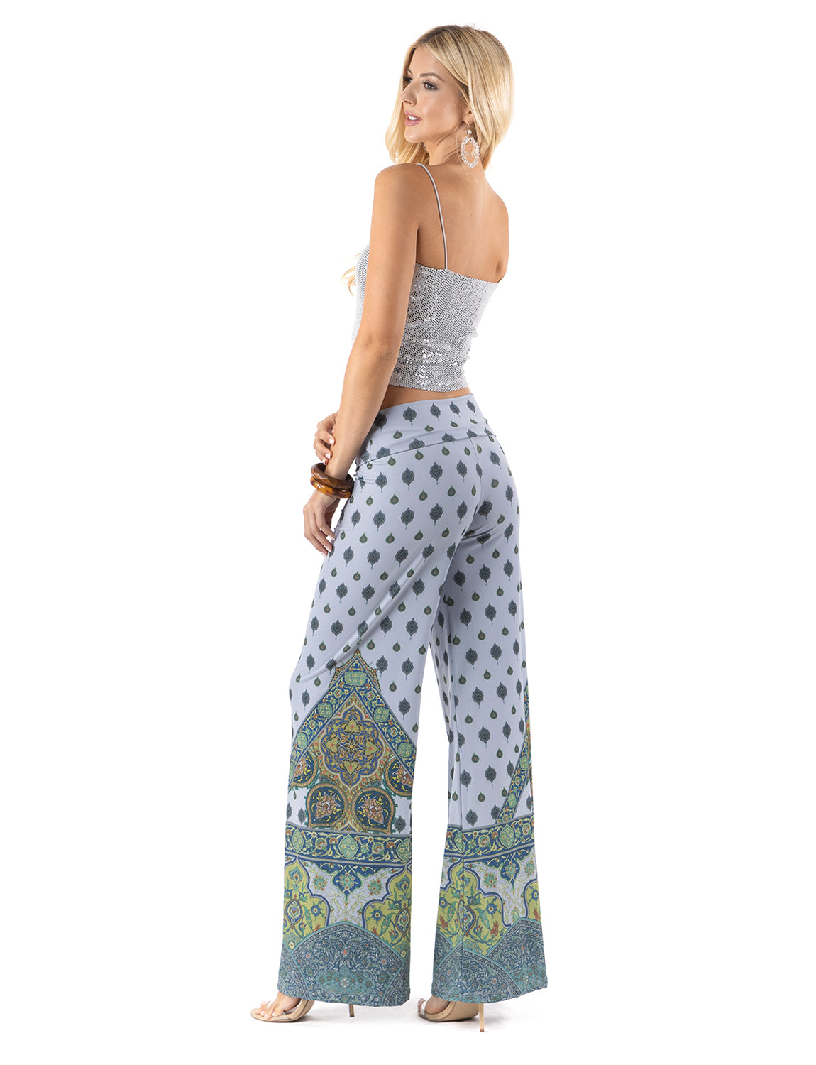 Blue & Green Scroll Print High Waist Palazzo Pants