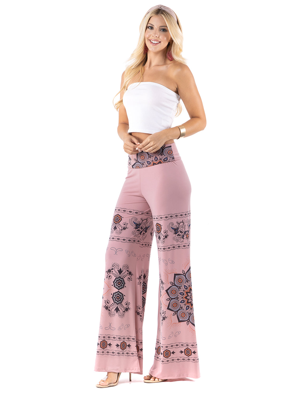 Pink Large Geometric Floral High Waist Palazzo Pants