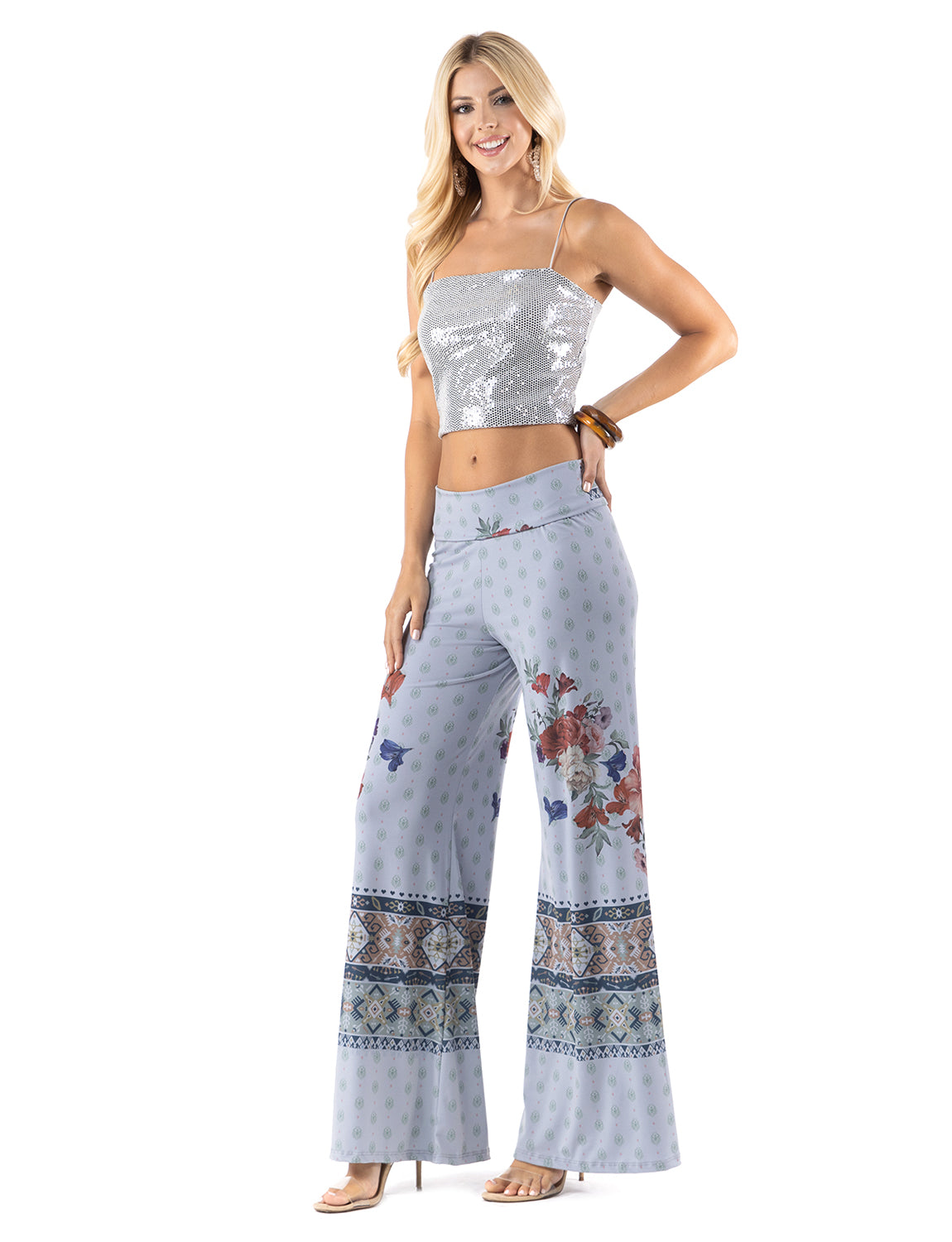 Blue Red Floral Print High Waist Palazzo Pants