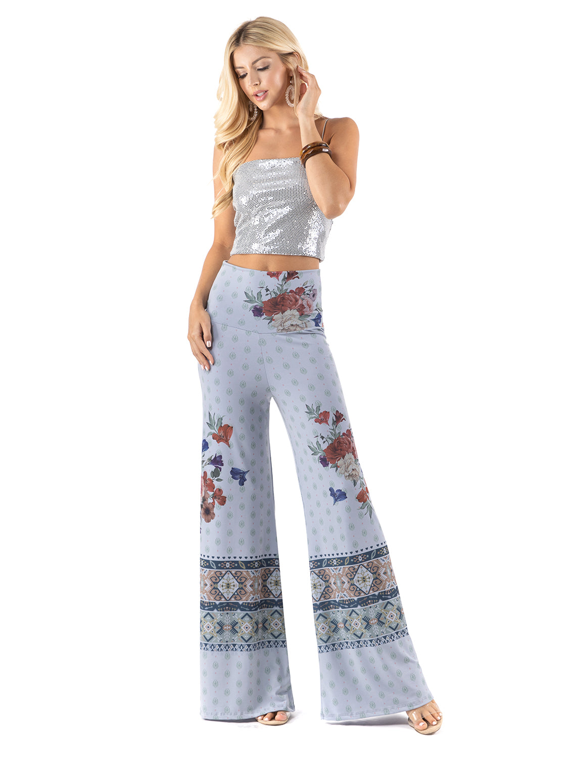 Blue Red Floral Print High Waist Palazzo Pants