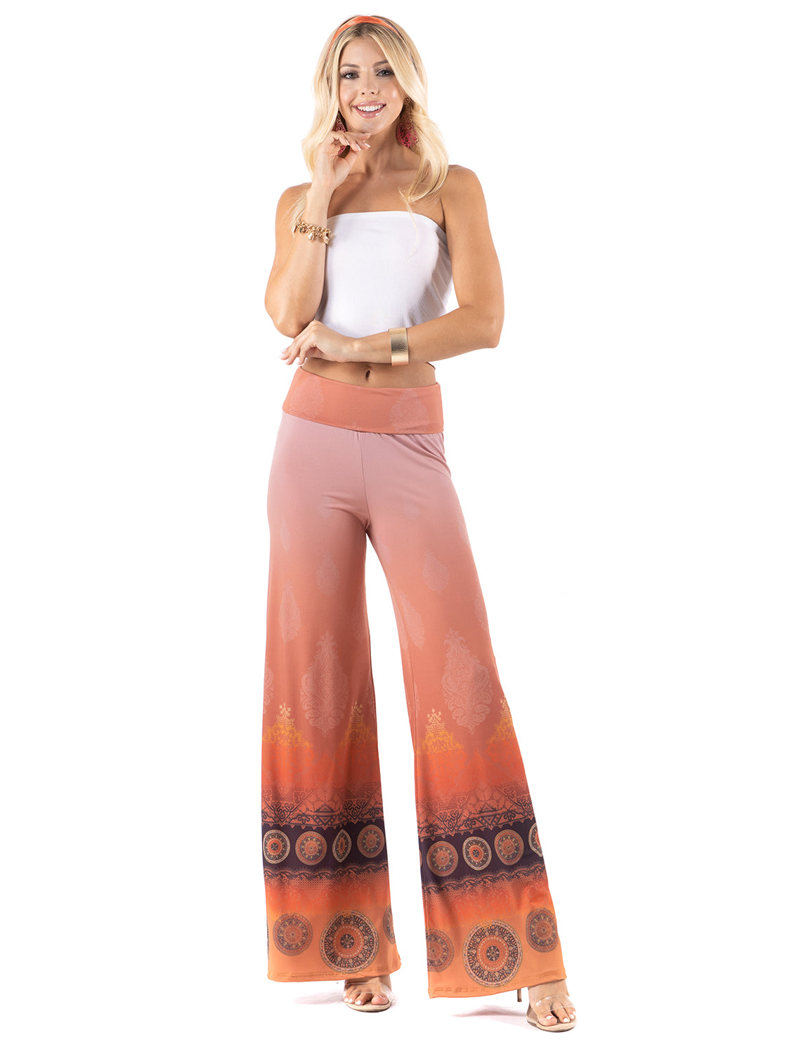 Pink Orange Floral Damask Design High Waist Palazzo Pants