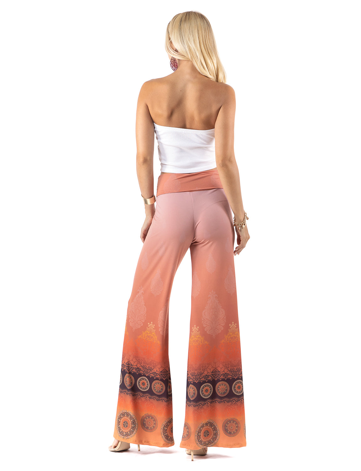 Pink Orange Floral Damask Design High Waist Palazzo Pants