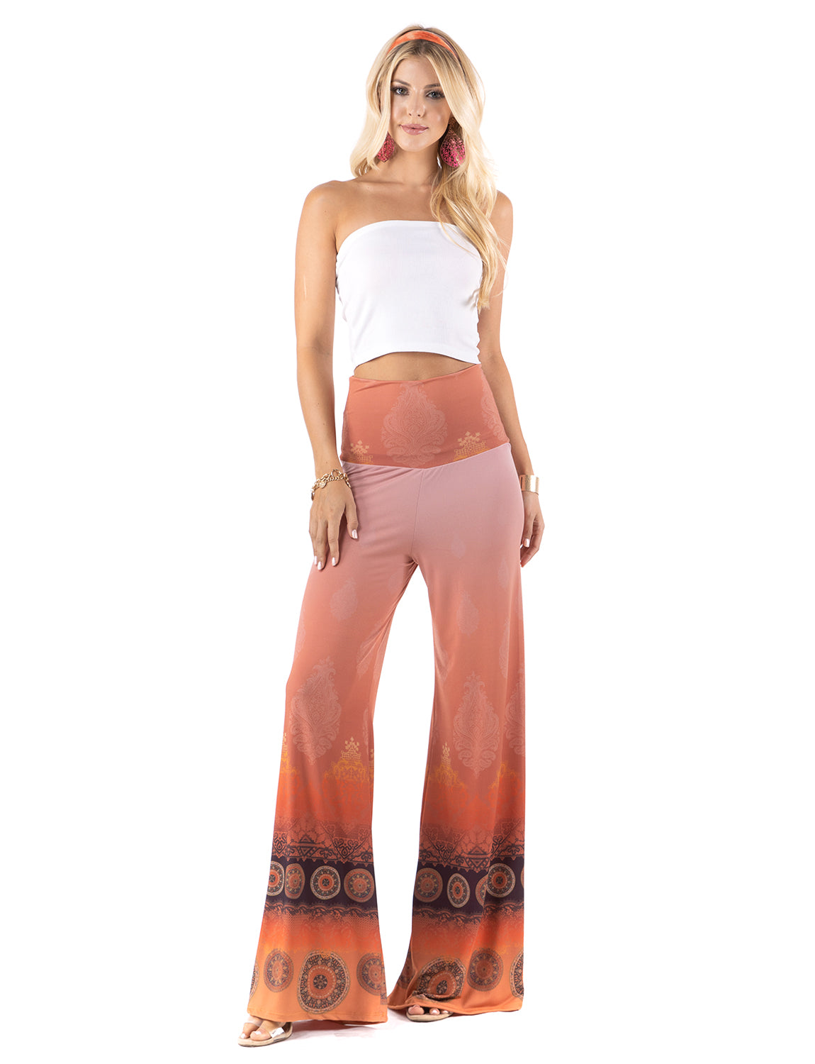 Pink Orange Floral Damask Design High Waist Palazzo Pants