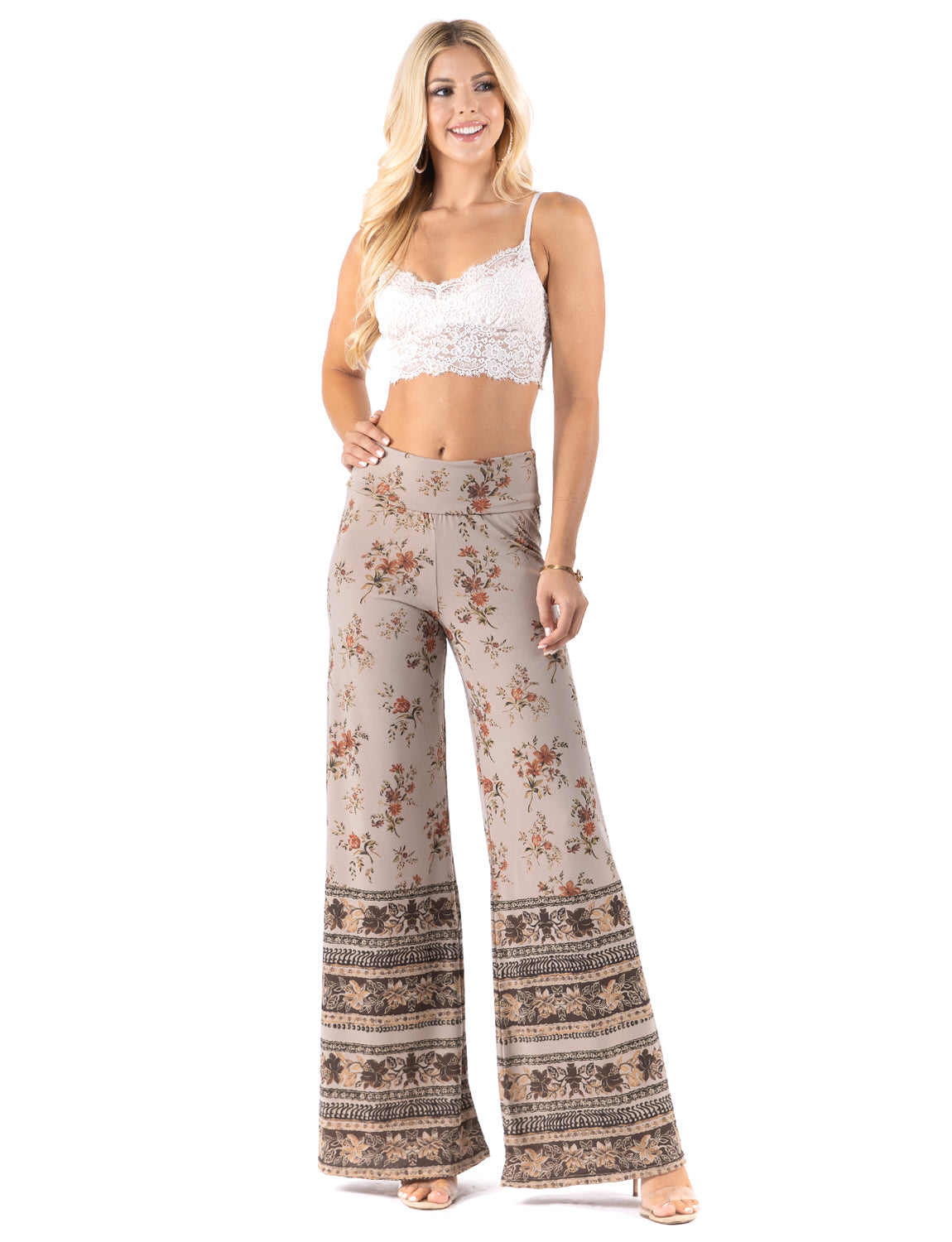 Light Tan Floral High Waist Palazzo Pants