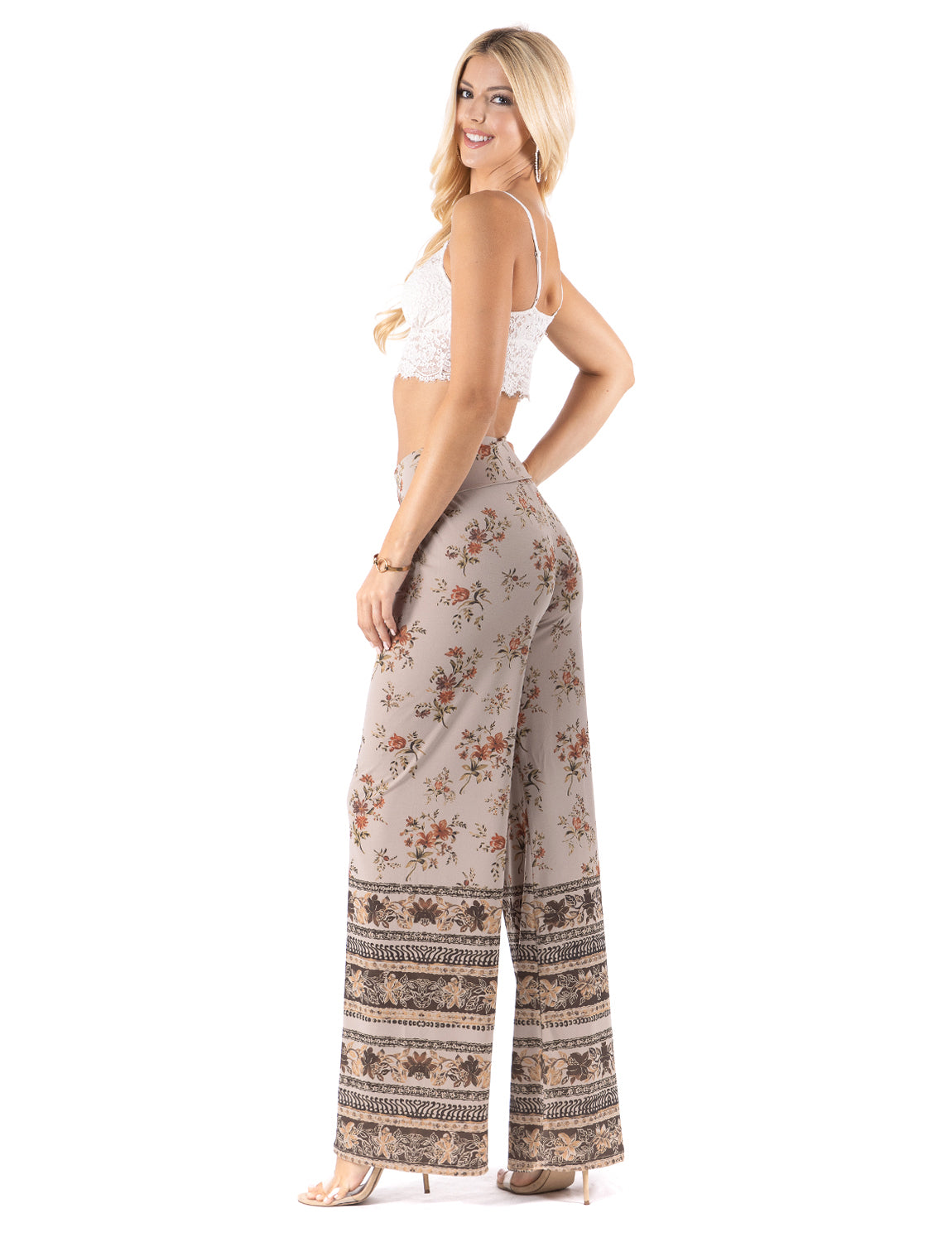 Light Tan Floral High Waist Palazzo Pants