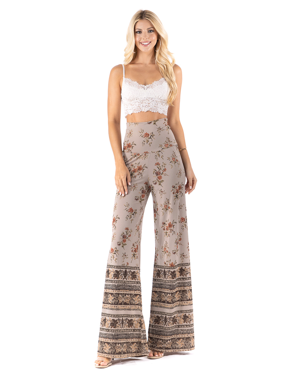 Light Tan Floral High Waist Palazzo Pants