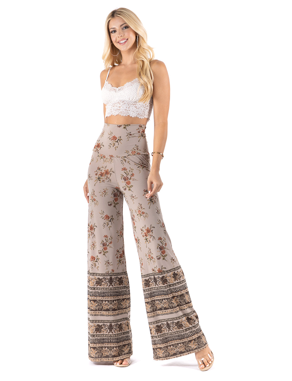 Light Tan Floral High Waist Palazzo Pants