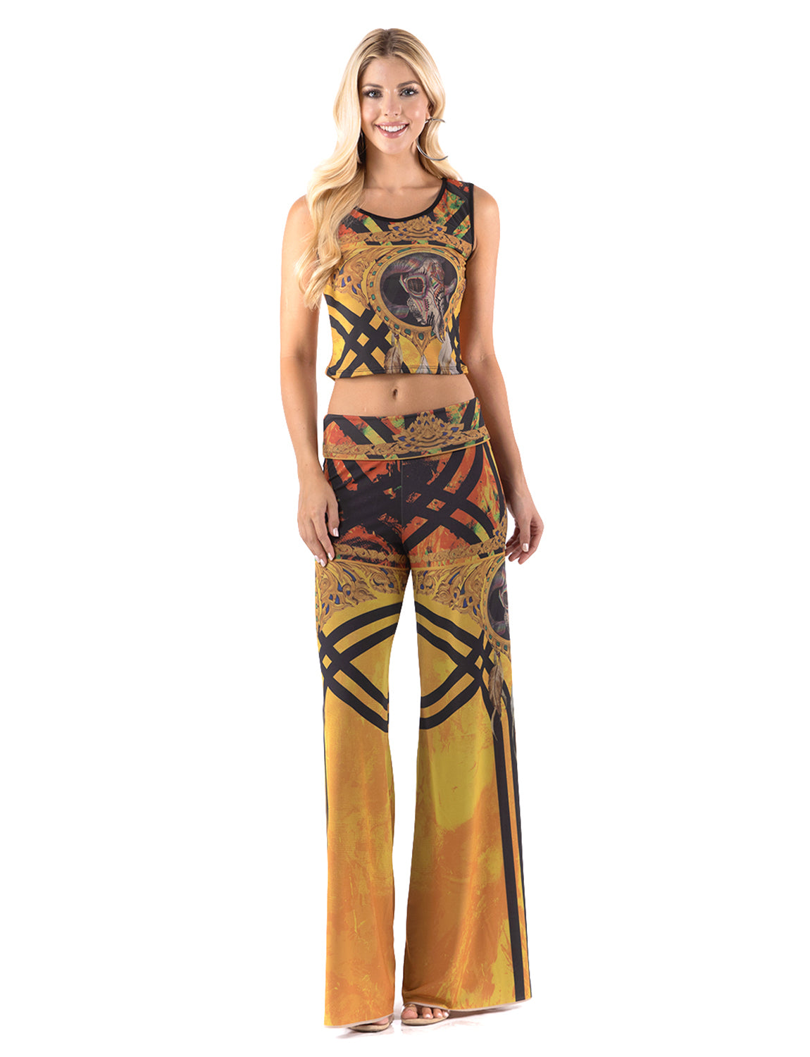 High Waist Palazzo Pants with Yellow Tribal Aztec Print