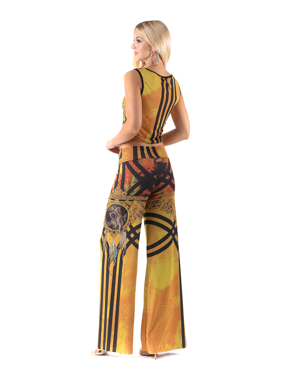 High Waist Palazzo Pants with Yellow Tribal Aztec Print