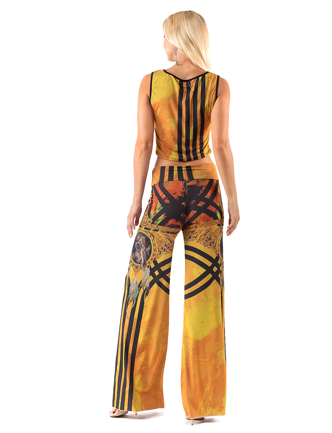 High Waist Palazzo Pants with Yellow Tribal Aztec Print