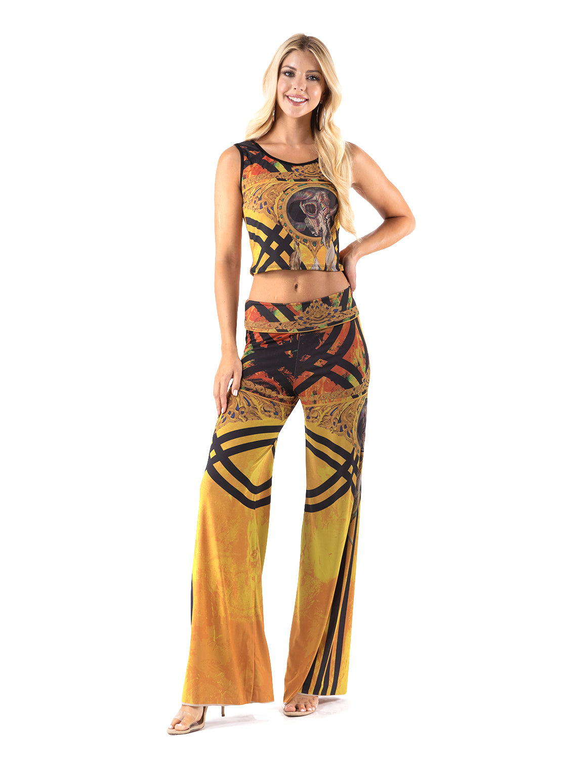 High Waist Palazzo Pants with Yellow Tribal Aztec Print