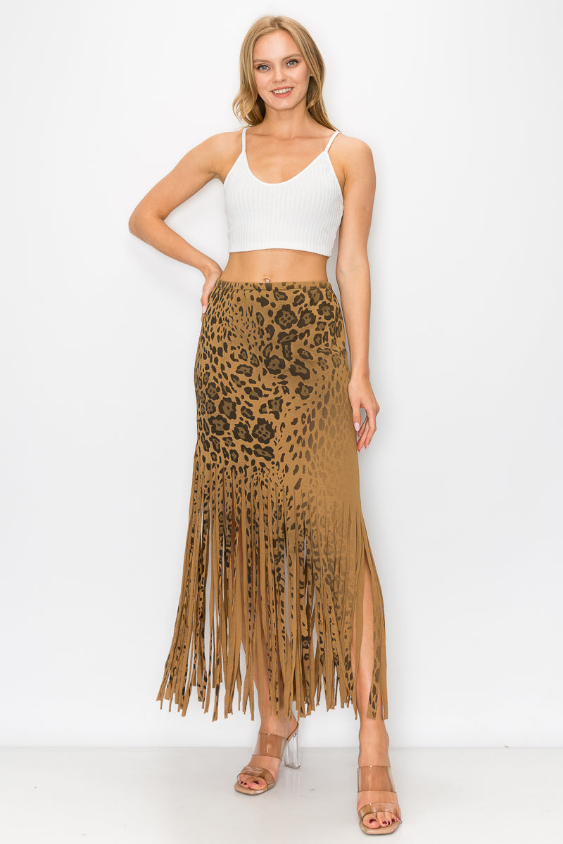 Asymmetric Leopard Printed Fringe Skirt