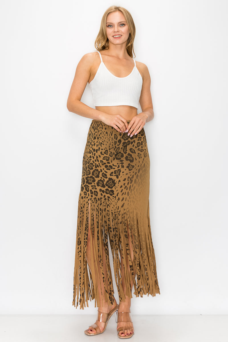 Asymmetric Leopard Printed Fringe Skirt