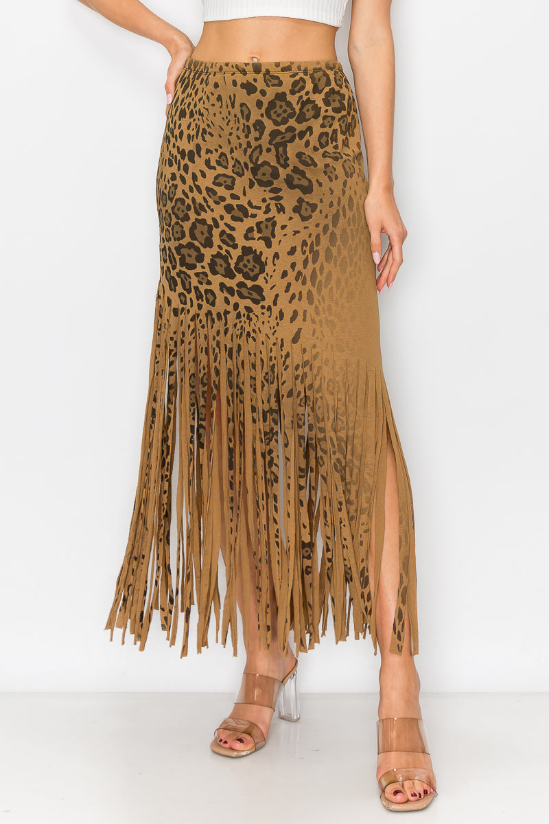 Asymmetric Leopard Printed Fringe Skirt