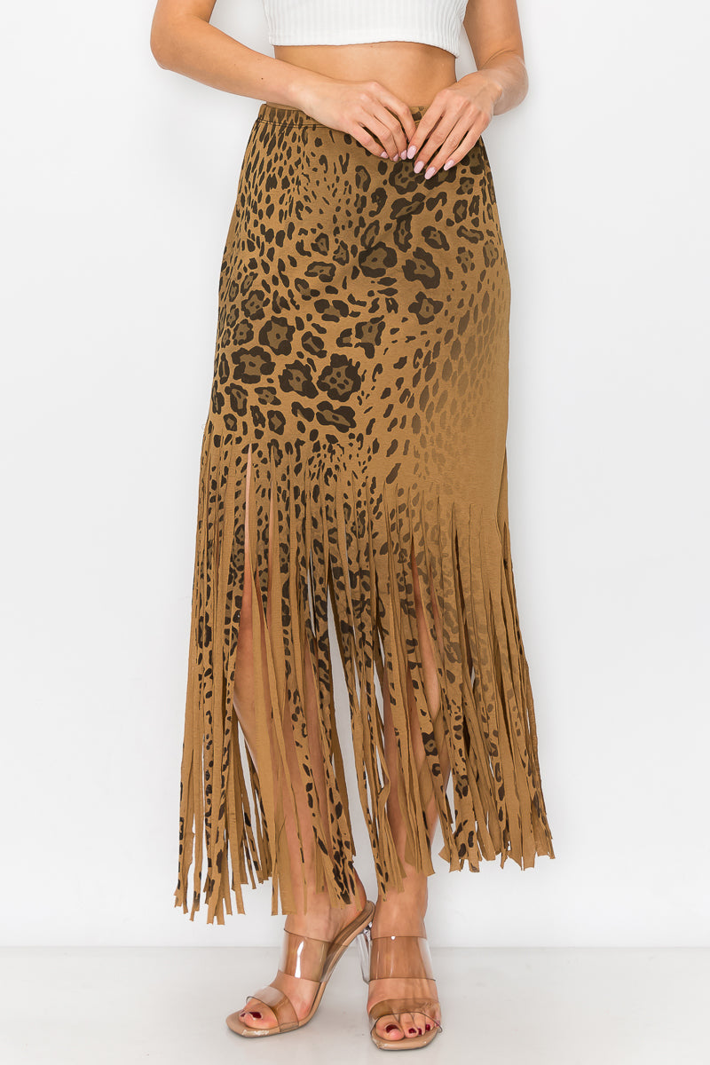 Asymmetric Leopard Printed Fringe Skirt