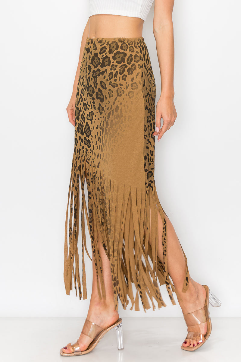 Asymmetric Leopard Printed Fringe Skirt