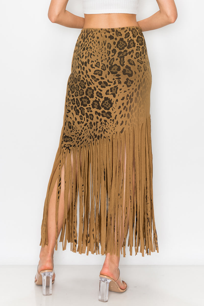 Asymmetric Leopard Printed Fringe Skirt