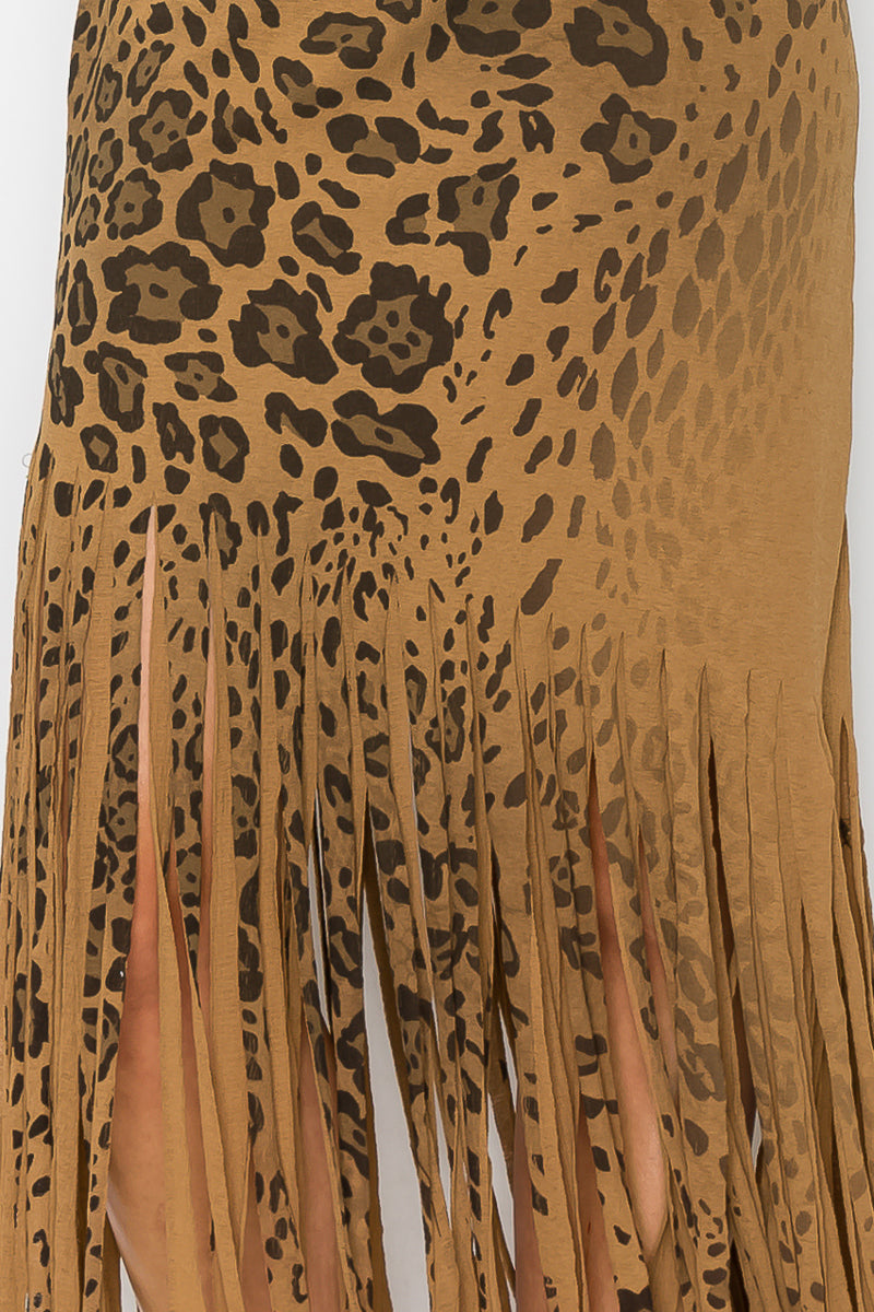 Asymmetric Leopard Printed Fringe Skirt