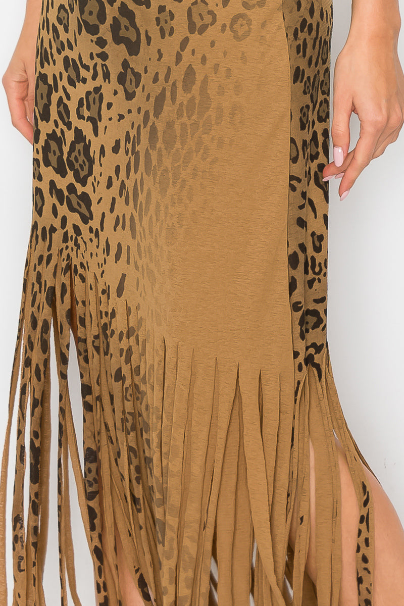 Asymmetric Leopard Printed Fringe Skirt