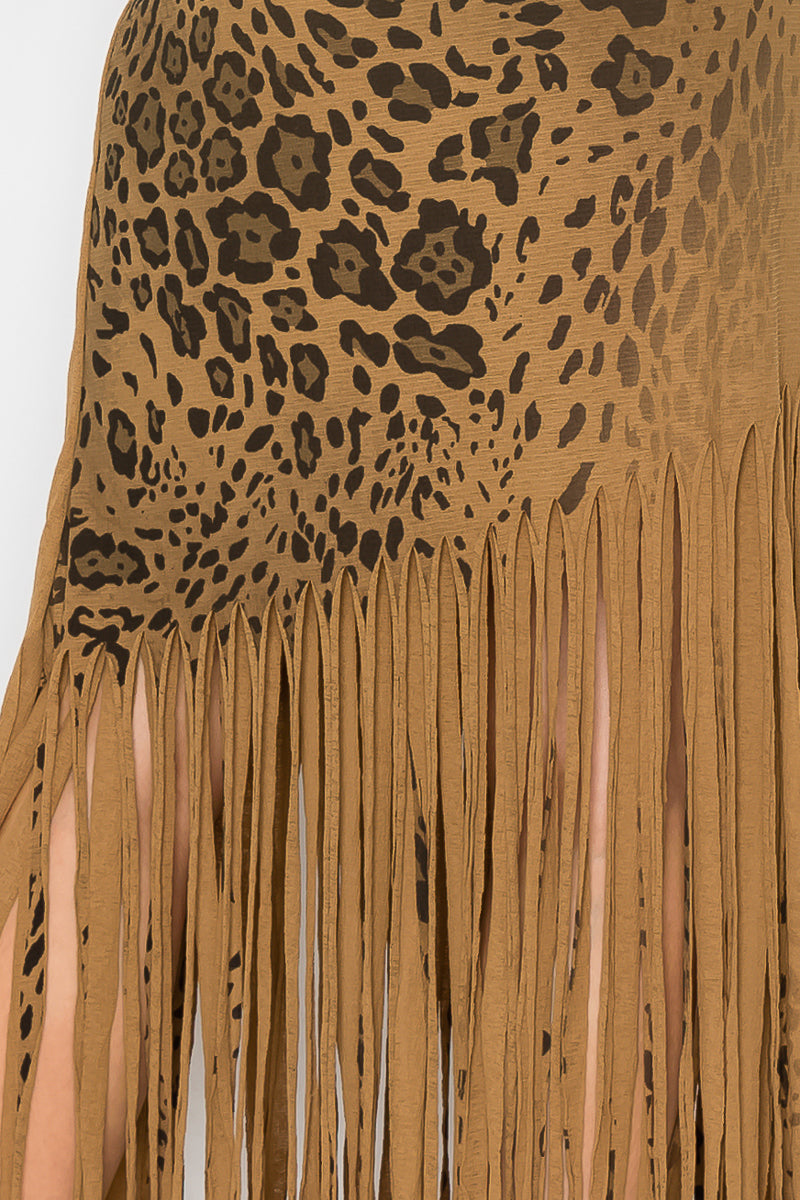 Asymmetric Leopard Printed Fringe Skirt