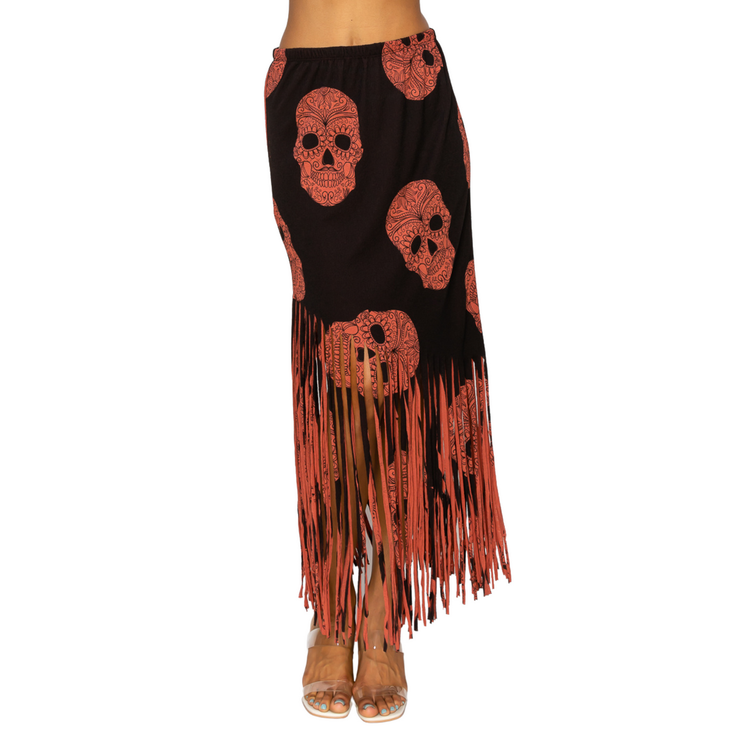 Women Fringe Skirt - Sublimation Red Black Skull Printed