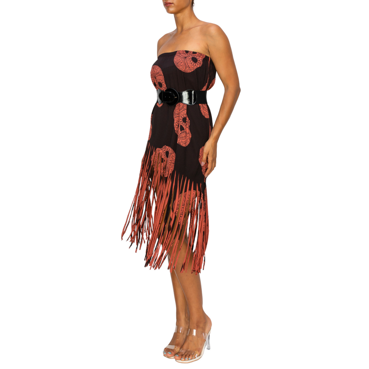 Women Fringe Skirt - Sublimation Red Black Skull Printed