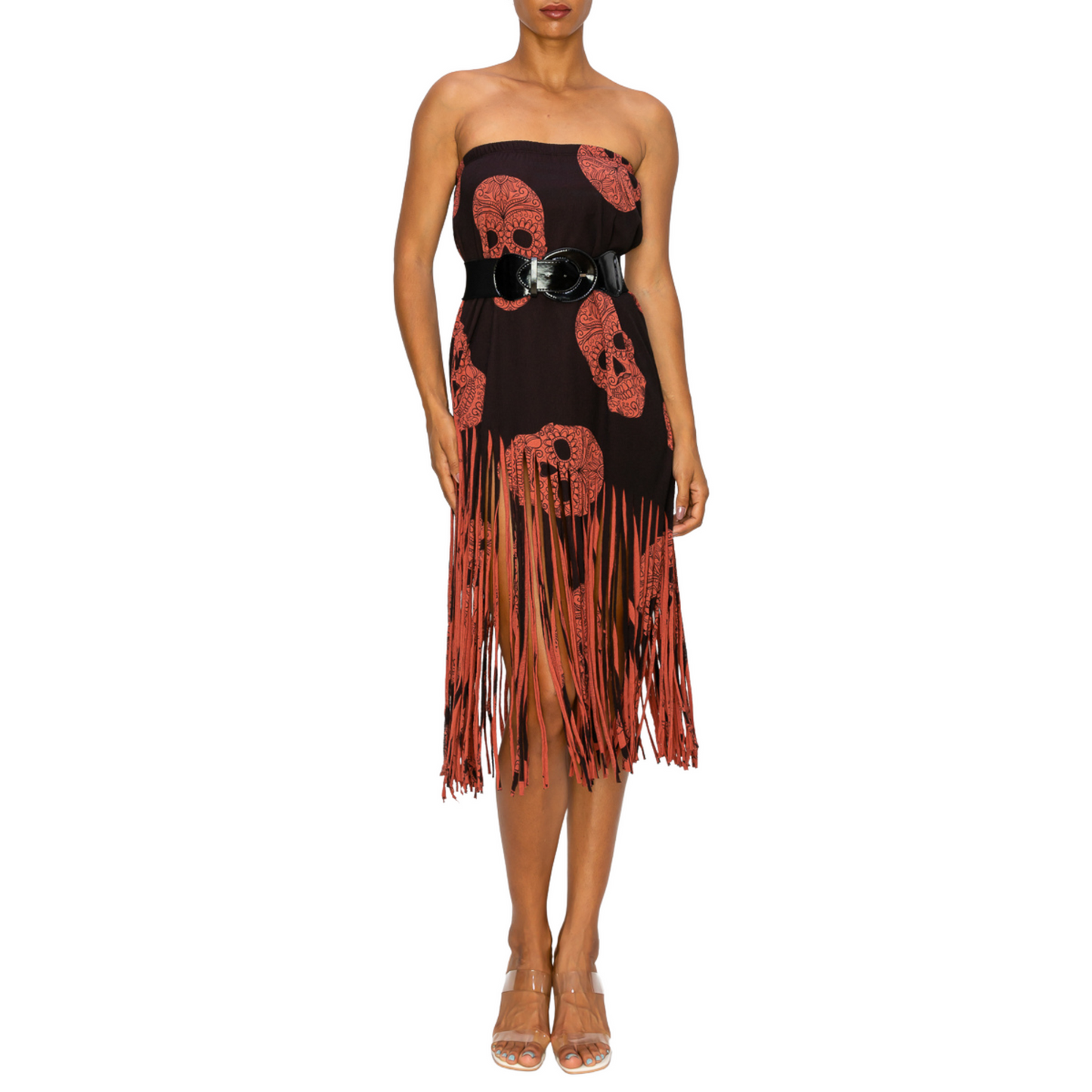 Women Fringe Skirt - Sublimation Red Black Skull Printed