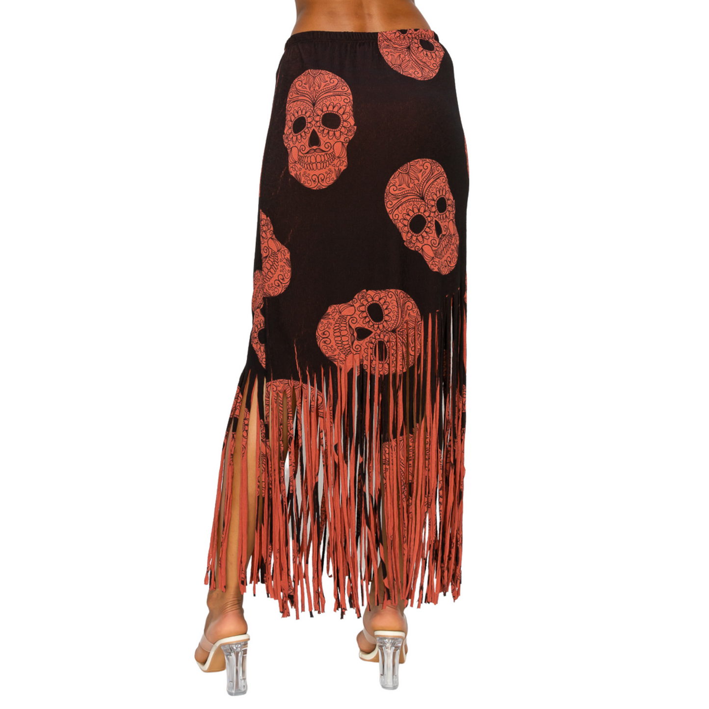 Women Fringe Skirt - Sublimation Red Black Skull Printed