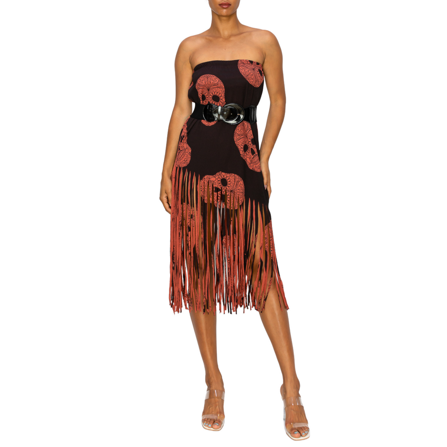 Women Fringe Skirt - Sublimation Red Black Skull Printed
