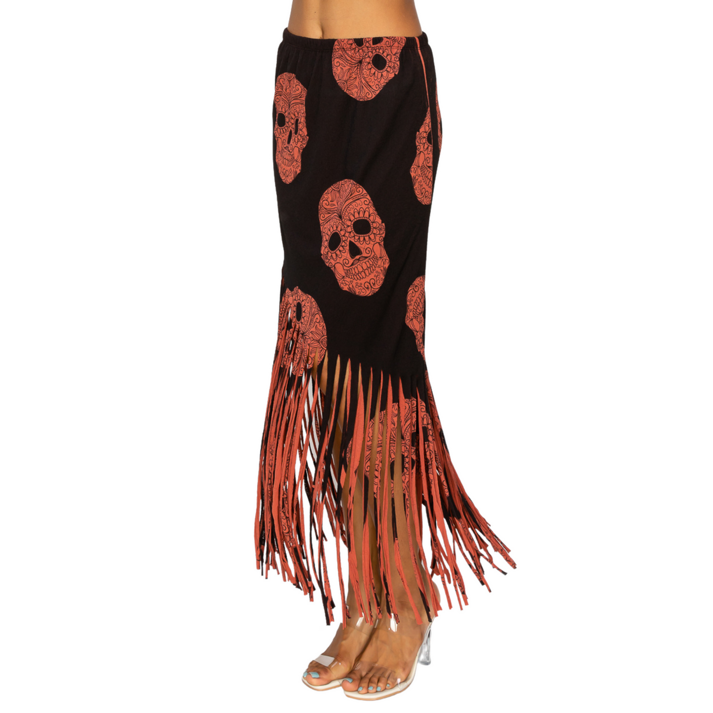 Women Fringe Skirt - Sublimation Red Black Skull Printed