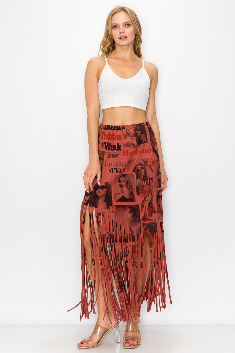 Sublimation Magazine Printed Elastic Waist Fringe Skirt