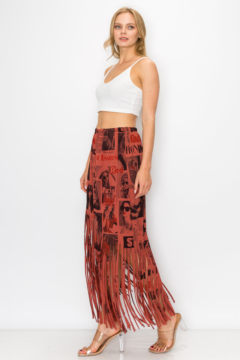 Sublimation Magazine Printed Elastic Waist Fringe Skirt