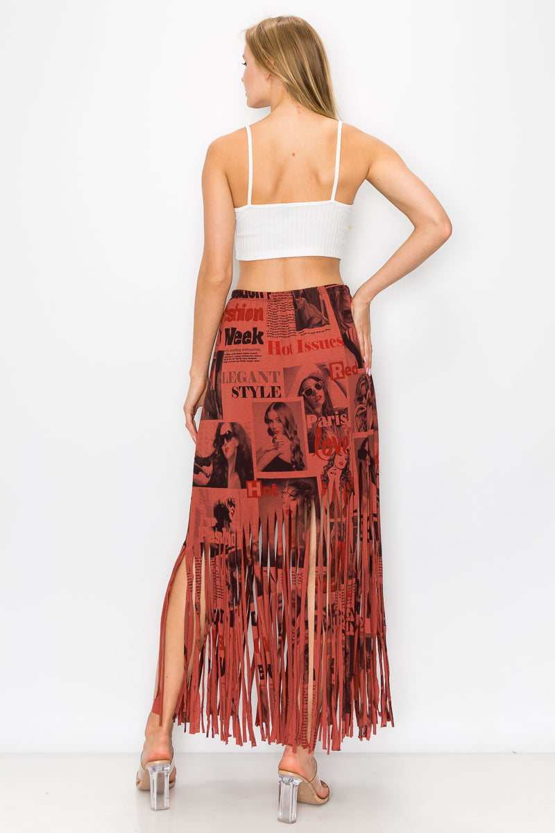 Sublimation Magazine Printed Elastic Waist Fringe Skirt
