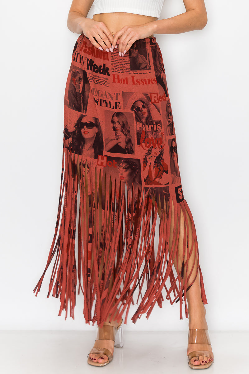 Sublimation Magazine Printed Elastic Waist Fringe Skirt