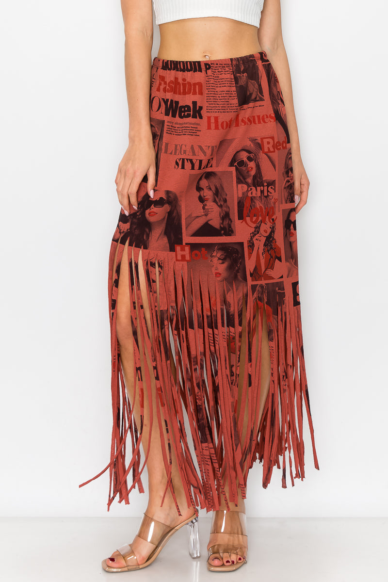 Sublimation Magazine Printed Elastic Waist Fringe Skirt
