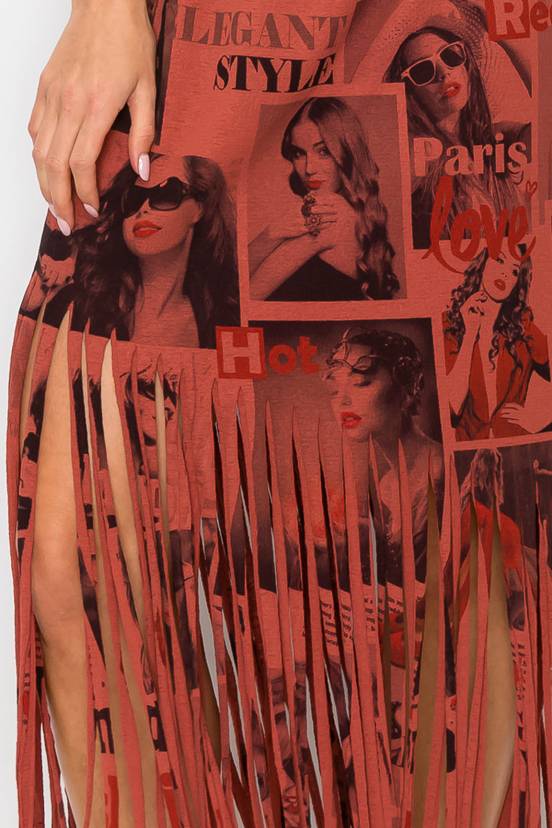 Sublimation Magazine Printed Elastic Waist Fringe Skirt