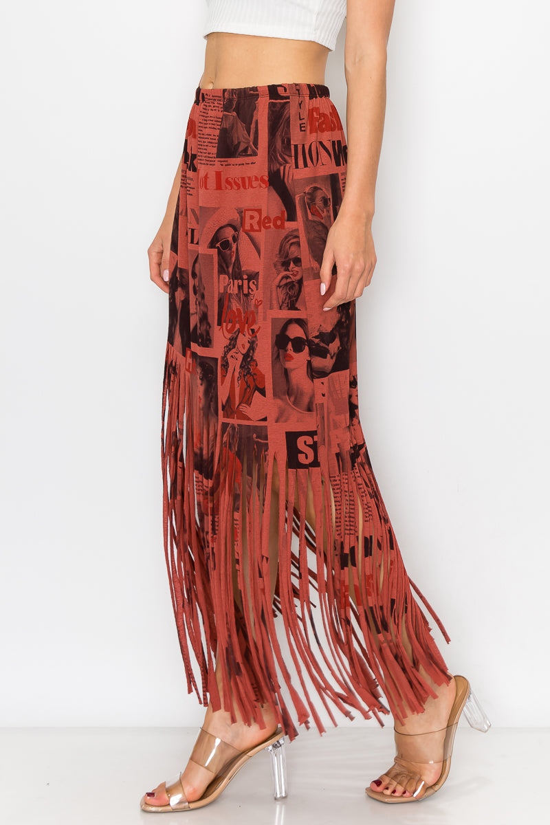 Sublimation Magazine Printed Elastic Waist Fringe Skirt