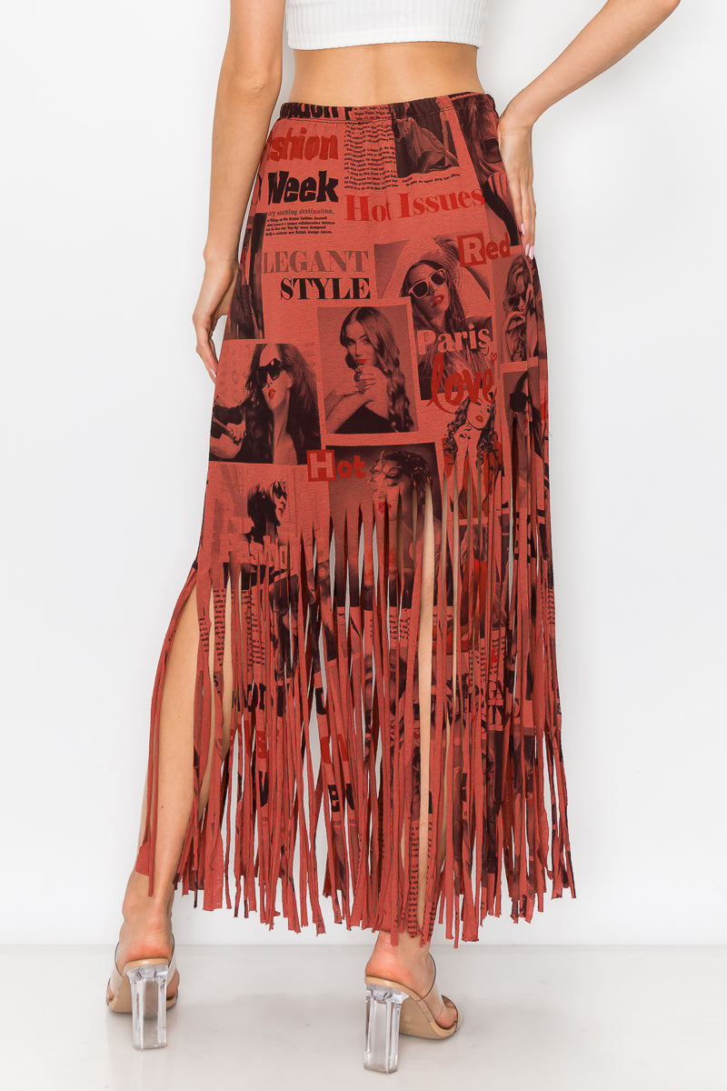Sublimation Magazine Printed Elastic Waist Fringe Skirt