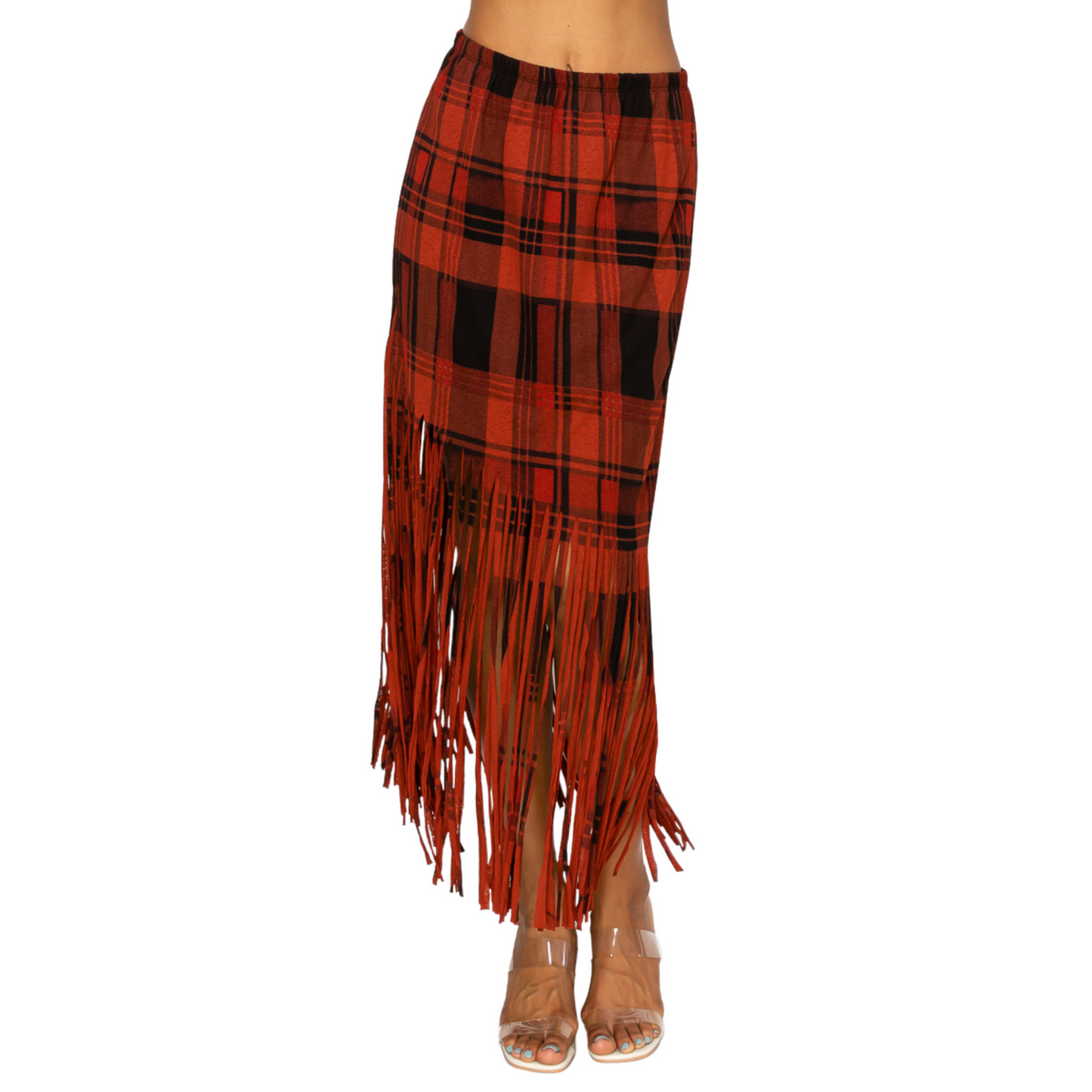 Sublimation Rust Plaid Printed Women Fringe Skirt