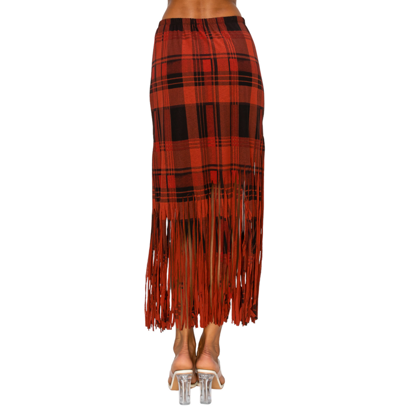 Sublimation Rust Plaid Printed Women Fringe Skirt