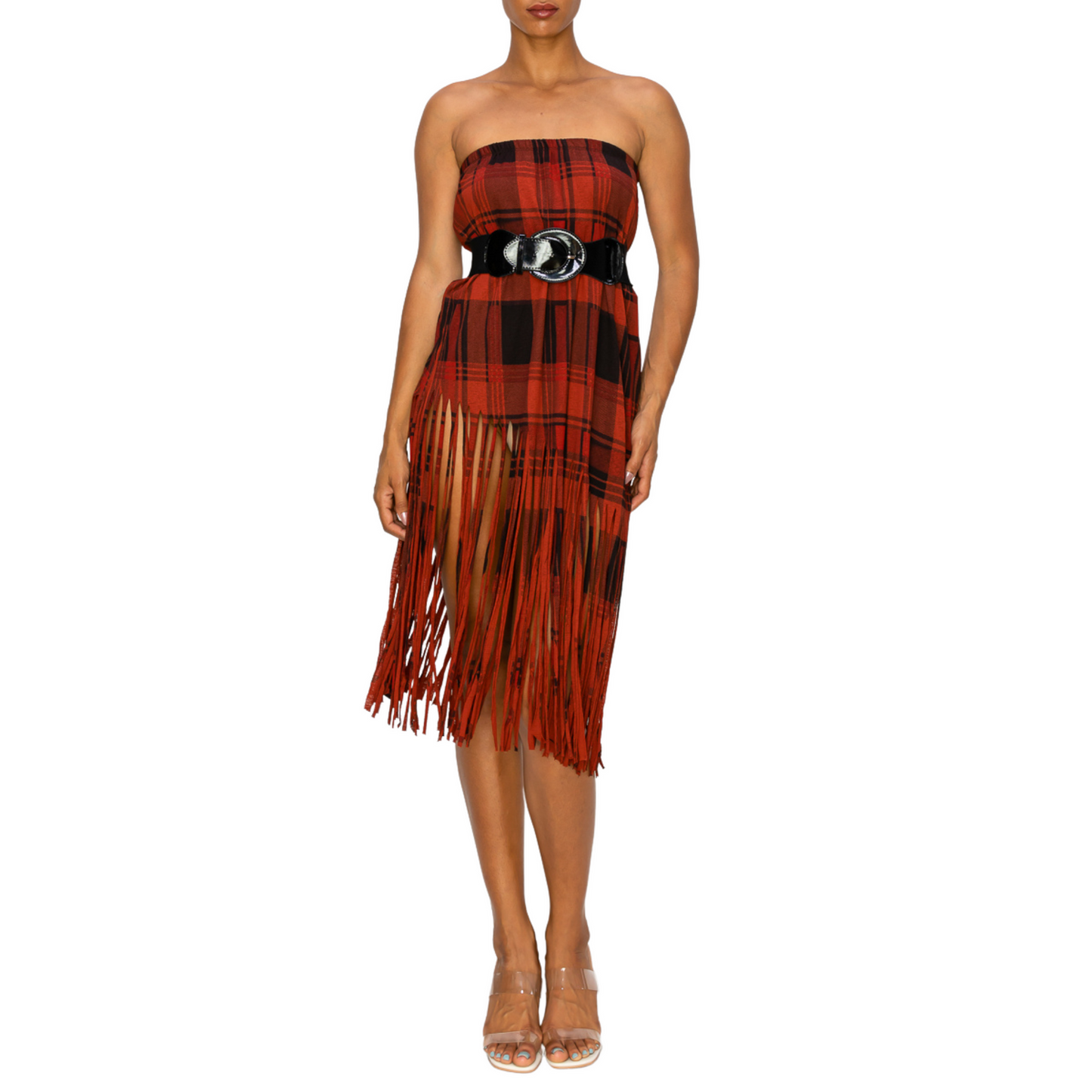 Sublimation Rust Plaid Printed Women Fringe Skirt