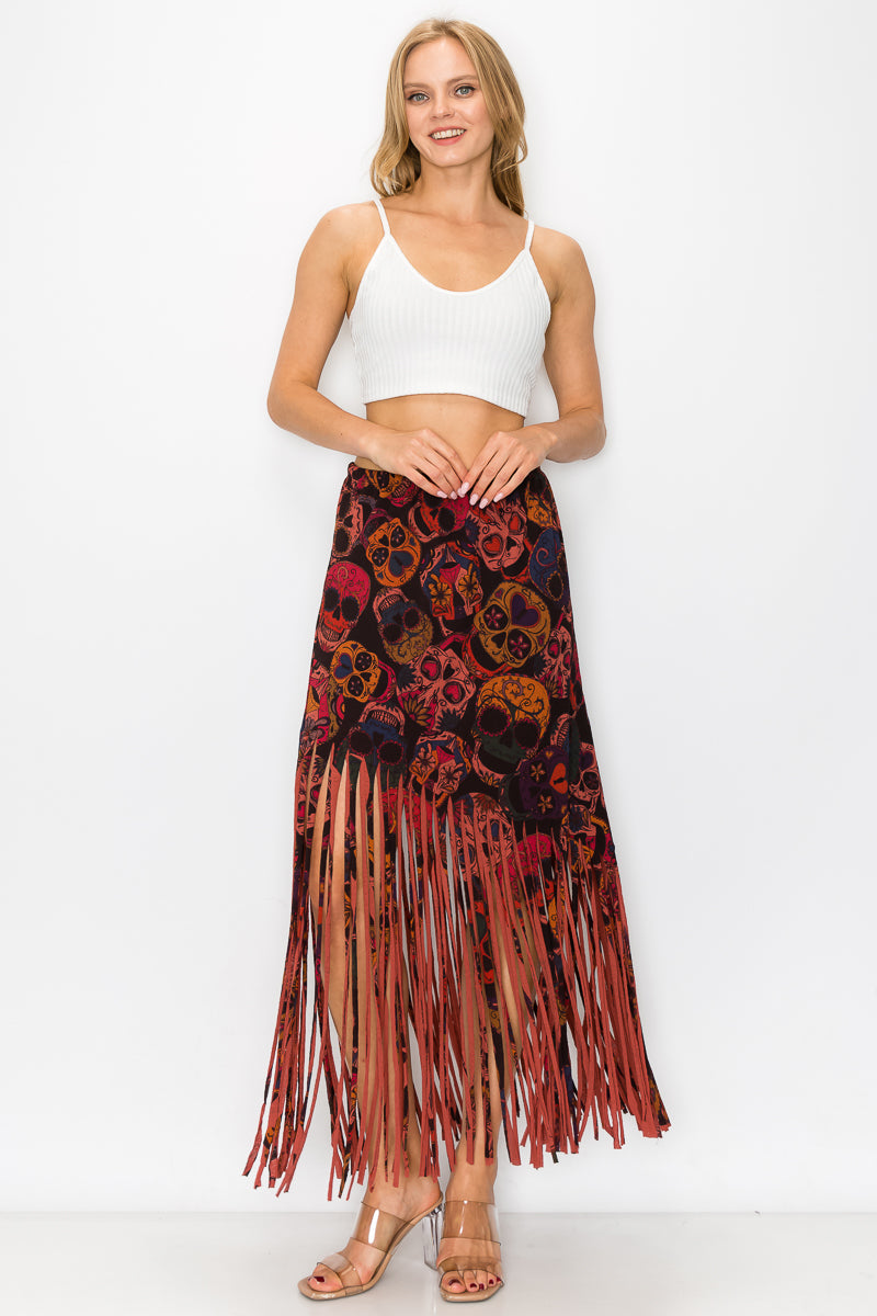 Asymmetric Skull Printed Women Fringe Skirt